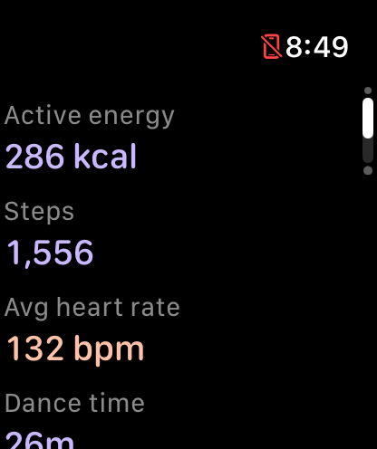 iPhone session report showing spins alongside dance time, songs and workout stats