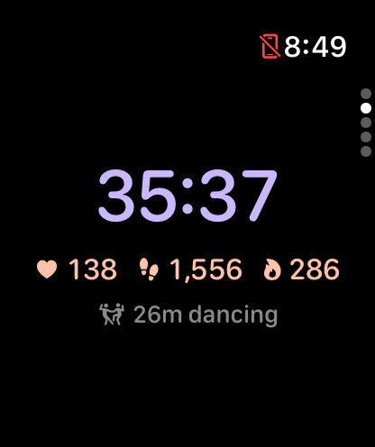 Watch Now page showing the session’s time and workout measurements